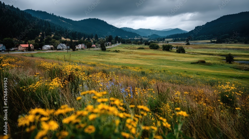 Fototapeta premium Landscape with Yellow Flowers, Town, and Mountains under Cloudy Sky