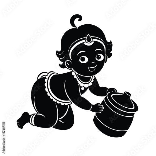 baby krishna cartoon crawling with pot of butter