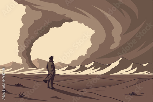 148 a man standing in a vast, desolate landscape with a massive dust storm swirling in the background, dramatic cloudy sky, sense of isolation and power of nature, cinematic, epic, 8k, highly detailed