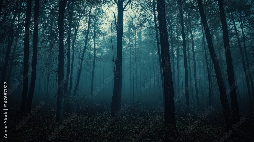 Fototapeta premium A deep forest with ghostly apparitions at dusk