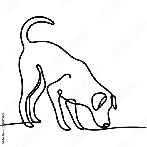 One single line art shows dog sniffing ground on transparent background