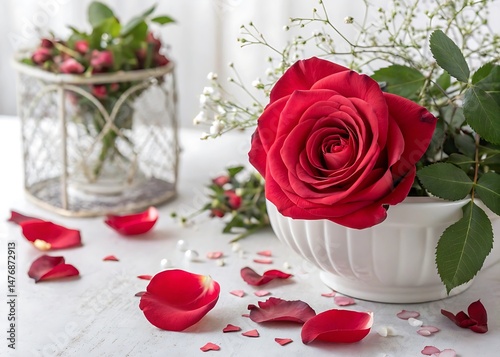 Romantic Red Rose Arrangement on White Surface