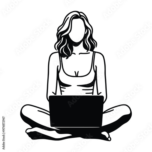 Faceless woman with wavy hair sits cross legged using laptop on transparent background