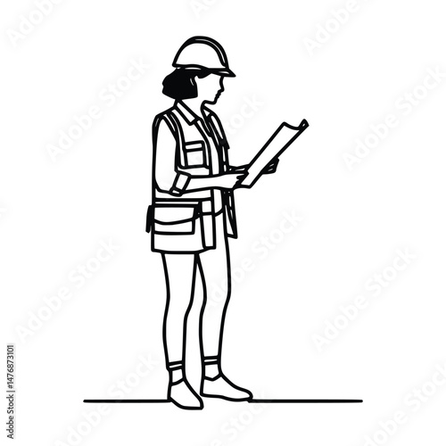 Black line drawing shows a young woman in safety gear examining documents