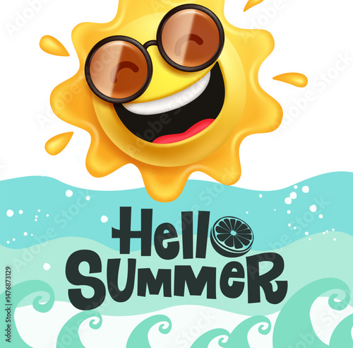 Hello Summer! happy Summer sun with big sign greeting on beach background.