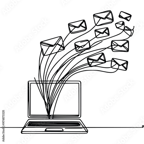 Multiple emails are emanating from a laptop in a single line art design