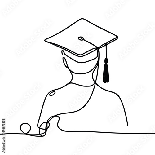 Minimalist line drawing depicts graduating student wearing cap with transparent background is visible