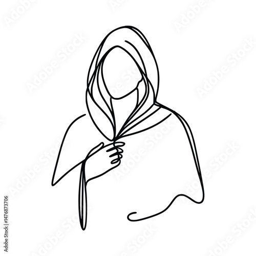 Minimalist line drawing presents a hooded person adjusting clothing against a white transparent background