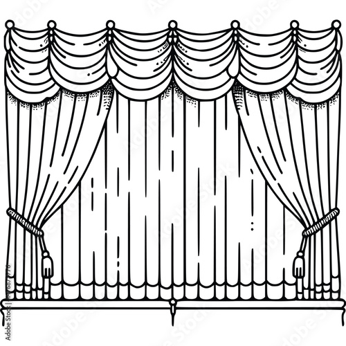Black outline of theatre curtains and tiebacks form a detailed vintage stage backdrop