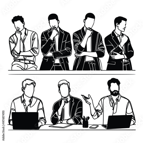 Line art shows serious multiracial businessmen thinking, one with a beard, and working at laptops