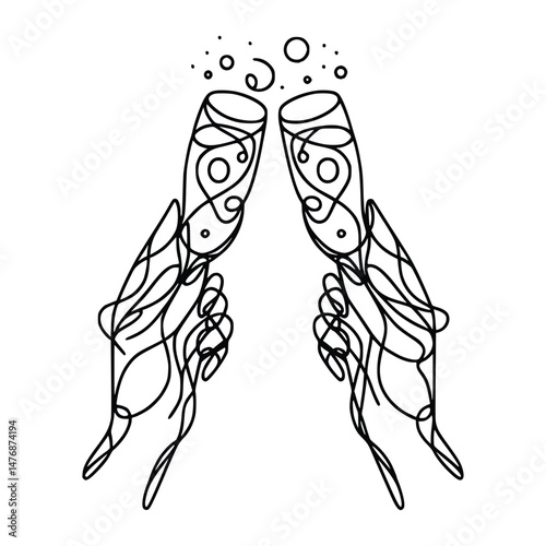 Continuous line drawing showcases two hands toasting with champagne flutes amidst scattered bubbles on transparent backdrop