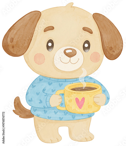 Watercolor Illustration of a Cute Puppy Holding a Coffee Mug