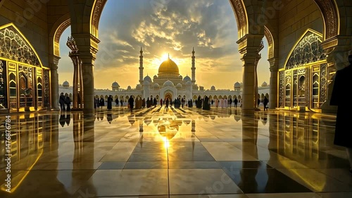 Magnificent Mosque at Sunset, Golden Reflections of Spirituality