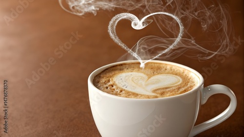 Heart-Shaped Latte Art with Moon Steam on Warm Brown Background