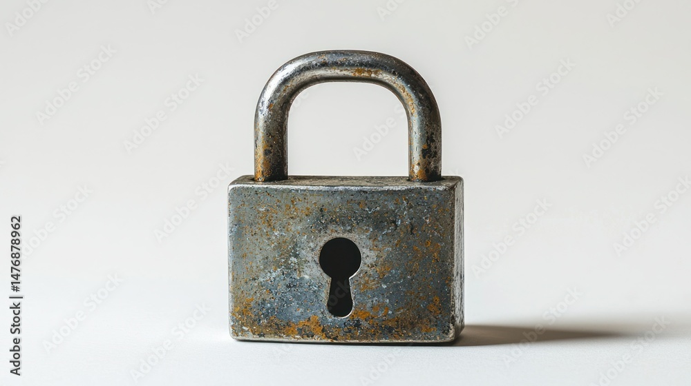 Naklejka premium Old, rusty padlock against a bright white background