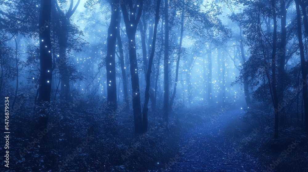 Naklejka premium A foggy, enchanted forest with mysterious lights