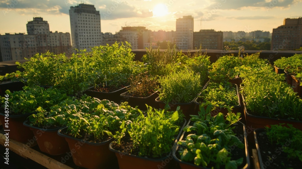 Fototapeta premium Rooftop garden at sunset