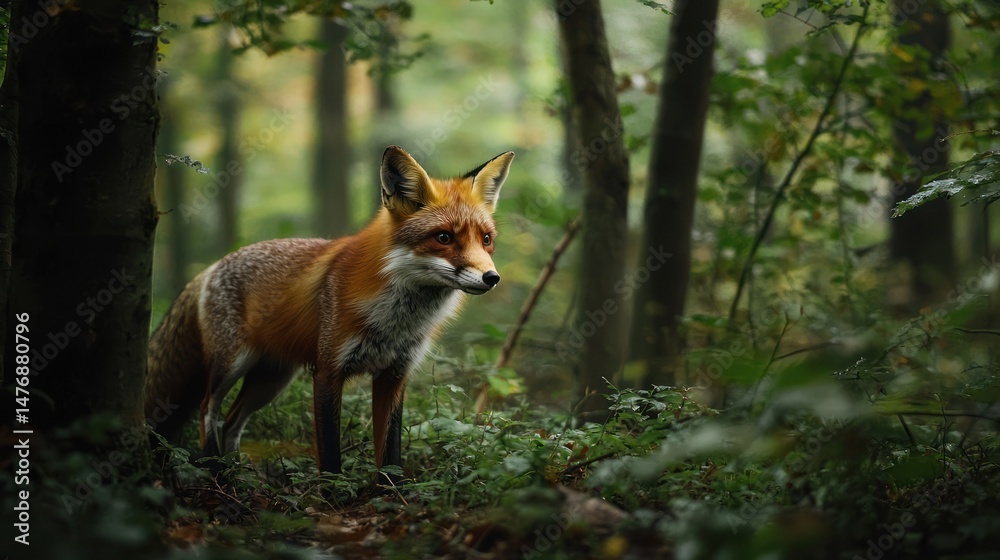 Fototapeta premium A fox sneaking through a thick, mysterious forest