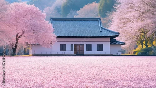 Tranquil Japanese Home Immersed in Cherry Blossom Serenity and Spring