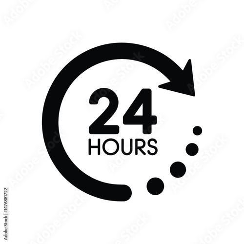 Black 24 hours availability icon with arrow and dots on a white background
