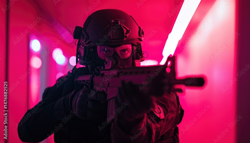 Armed operative in neon glow Armed operative in neon glow