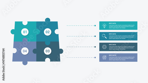 infographic 4 point stage template with puzzle jigsaw shopping bag with rectangle shape stack for slide presentation vector
