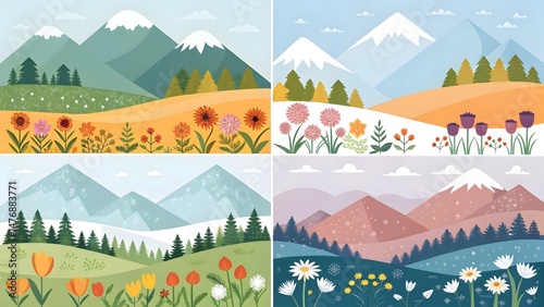 Vibrant green trees and forests meet majestic mountains under a blue summer sky, a natural landscape illustration with a scenic view