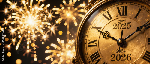 Clock Fireworks Celebration 2025 2026 Happy New Year Eve