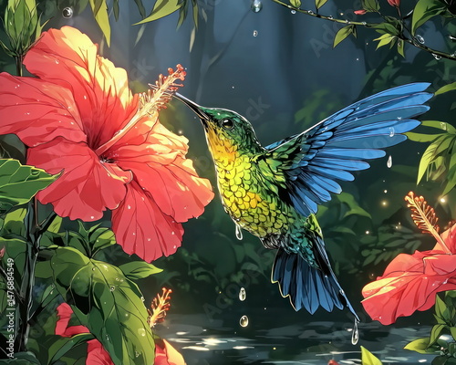 A vibrant hummingbird with iridescent green and blue plumage delicately sips nectar from a bright red hibiscus flower amidst lush tropical foliage and rain drops.
