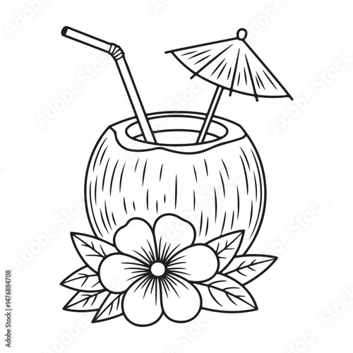 Coconut drink icon coloring page vector illustration, Drinking fresh coconut on the beach sign, thunder coconut beach clip art icon isolated, Beach symbol, coconut drink with straw