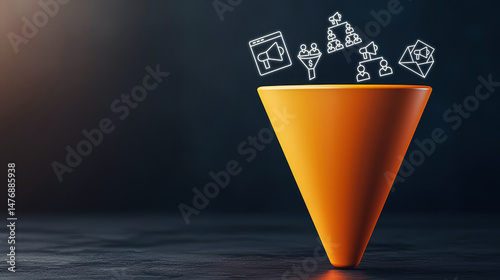 A bright orange funnel with marketing and sales icons above it, symbolizing the sales or marketing funnel concept on a dark background.