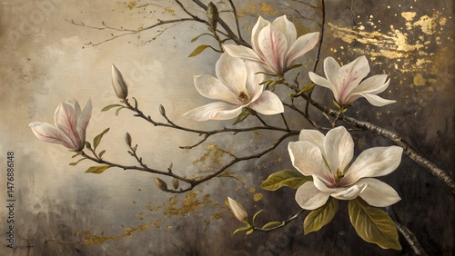 Vintage grunge shows pink magnolia bloom, a floral beauty of spring nature