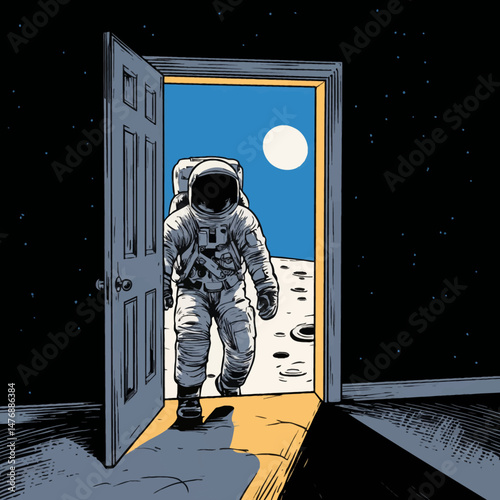 An astronaut steps through an open door into a mysterious lunar environment. The surreal setting features a serene moonlit backdrop and black space surrounding the scene.