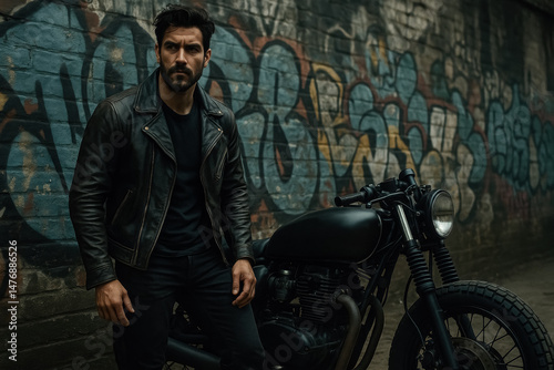 Tough man in leather jacket stands with black motorcycle in urban alley. Generative AI

