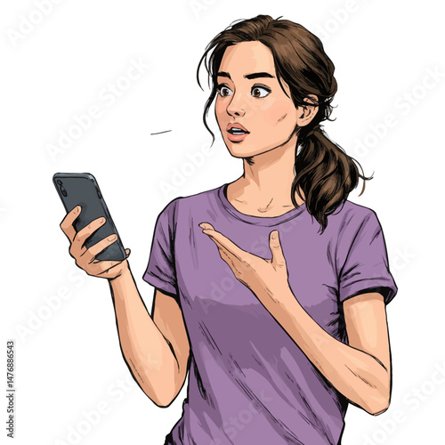 A woman with brown hair is holding her smartphone in front of her, showing a surprised expression. She is casually dressed and appears engaged in a conversation or reacting to content on the screen.