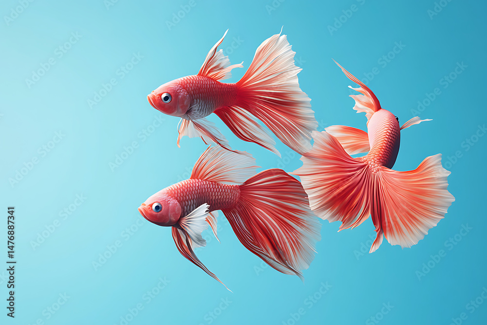 Fototapeta premium Vibrant red goldfish gracefully swimming against a serene blue background, showcasing their elegance