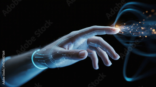 Holographic hand on dark background futuristic AI theme