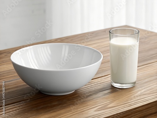 white empty bowl with a glass of milk on wooden table. minimalism concept. 3d image.