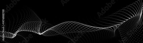 Wave of flowing particles on a dark background. Abstract backdrop with dynamic elements of waves and dots. Vector