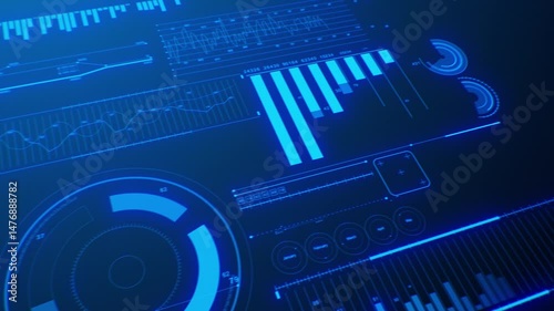 Digital Data Board Stock Market Information Elements Loop 3d Animation Background. Charts, Diagrams, Bars and Graphs Blue Color Growing on Screen Seamless Illustration. Business Concept 4k.