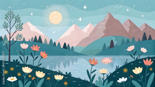Spring nature landscape with colorful flowers and butterflies on a sunny meadow under the blue sky