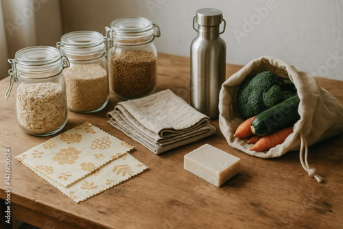 Zero waste kitchen items on rustic table: veggies, glass jars, napkins, and beeswax wraps. generative AI

