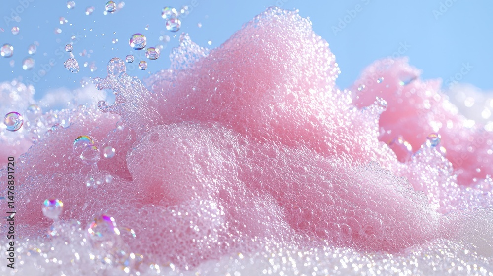 Fototapeta premium Pink foam mountain bubbles against a light blue sky