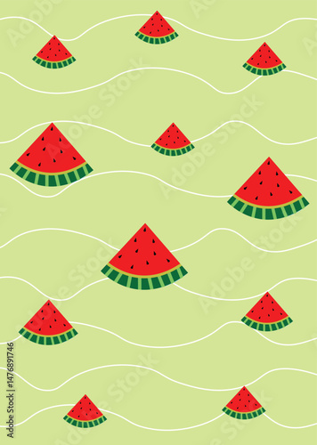summer wave pattern with watermelon  mobile wallpaper ,background Creative concept of summer bright  Abstract Shapes Background for social media poster, banner, cover, card, story , summer sale
