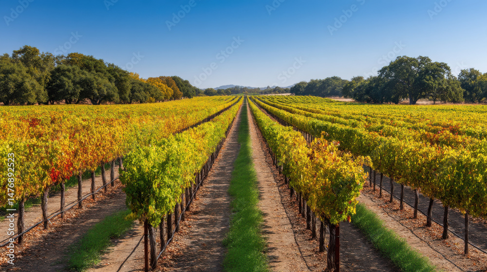 Naklejka premium Autumn sunlight bathes vineyard rows with vibrant fall colors, showcasing the beauty of wine country under a clear blue sky stretching to distant hills.
