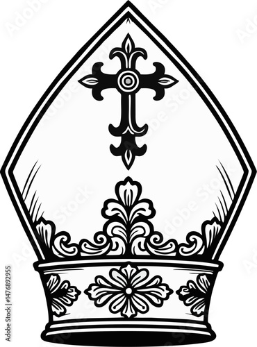 Ornate Bishop Mitre with Decorative Cross and Floral Details – Black and White Vector Line Art Illustration