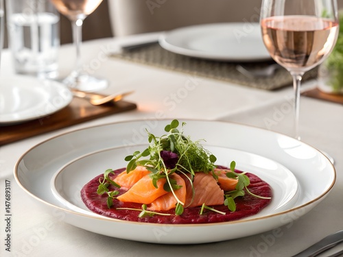 Smoked salmon carefully placed on beetroot carpaccio garnished with microgreens. Elegant restaurant setting featuring fine dining tableware and rose wine