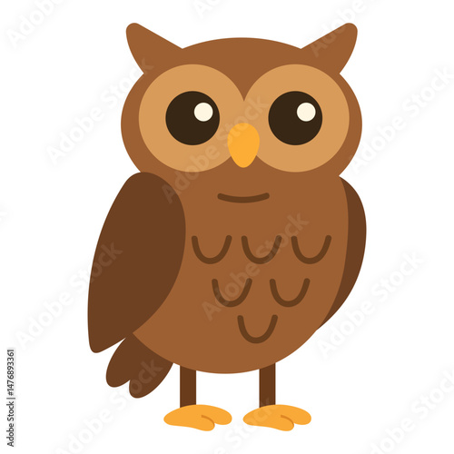 Cute cartoon brown owl with big eyes. Flat vector illustration on white background.