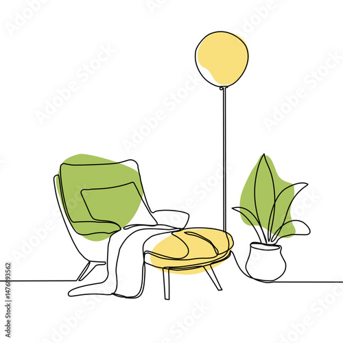 Continuous line interior with sofa, plant and lamp. One line drawing of Living room with single sofa modern furniture. Single line drawing of single sofa furniture.