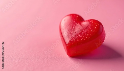 Close-up of a single red heart-shaped Valentine's Day candy, glossy and vibrant against a soft background , texture, delicious, celebration